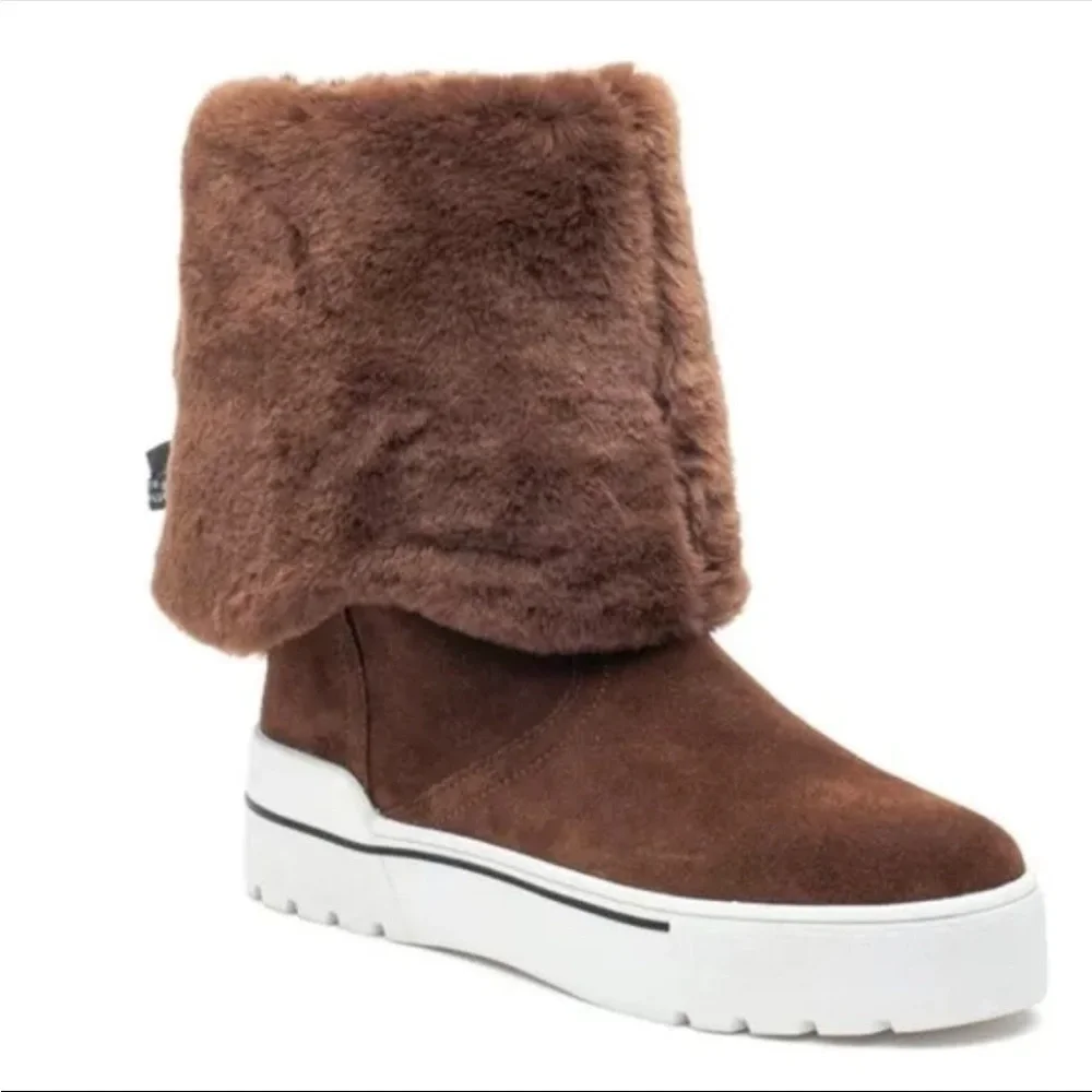 NEW J/Slides Selene Boots, Waterproof Leather, Taupe Size 7.5 Faux Fur Lined